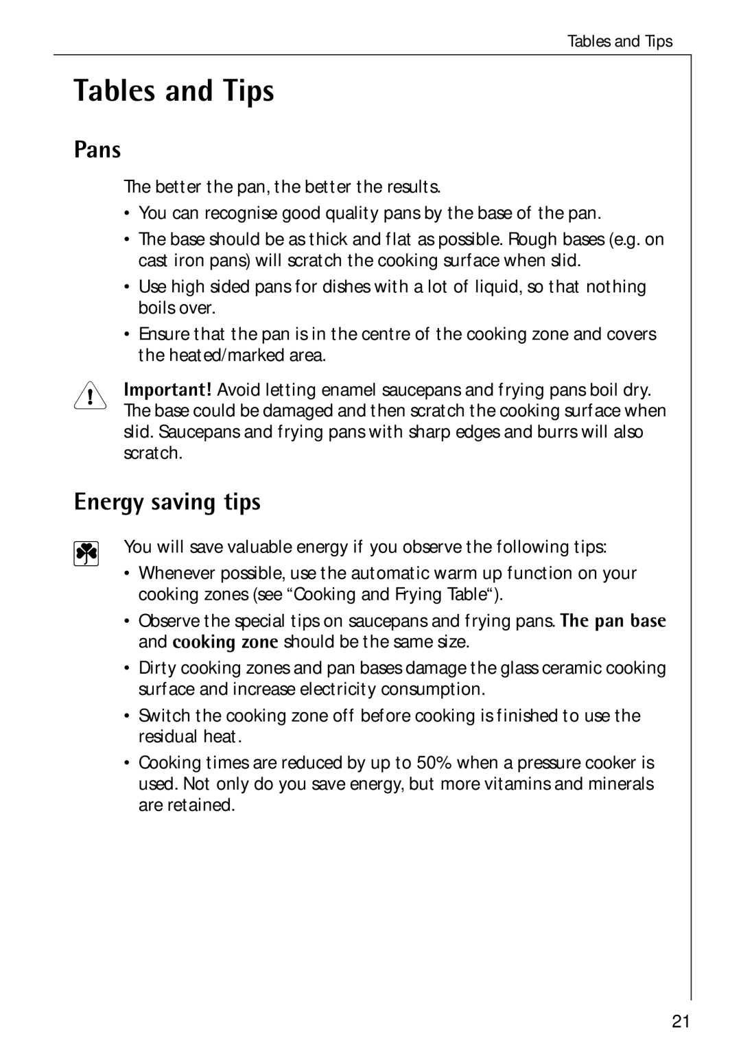 Electrolux 65300 K manual Tables and Tips, Pans, Energy saving tips 