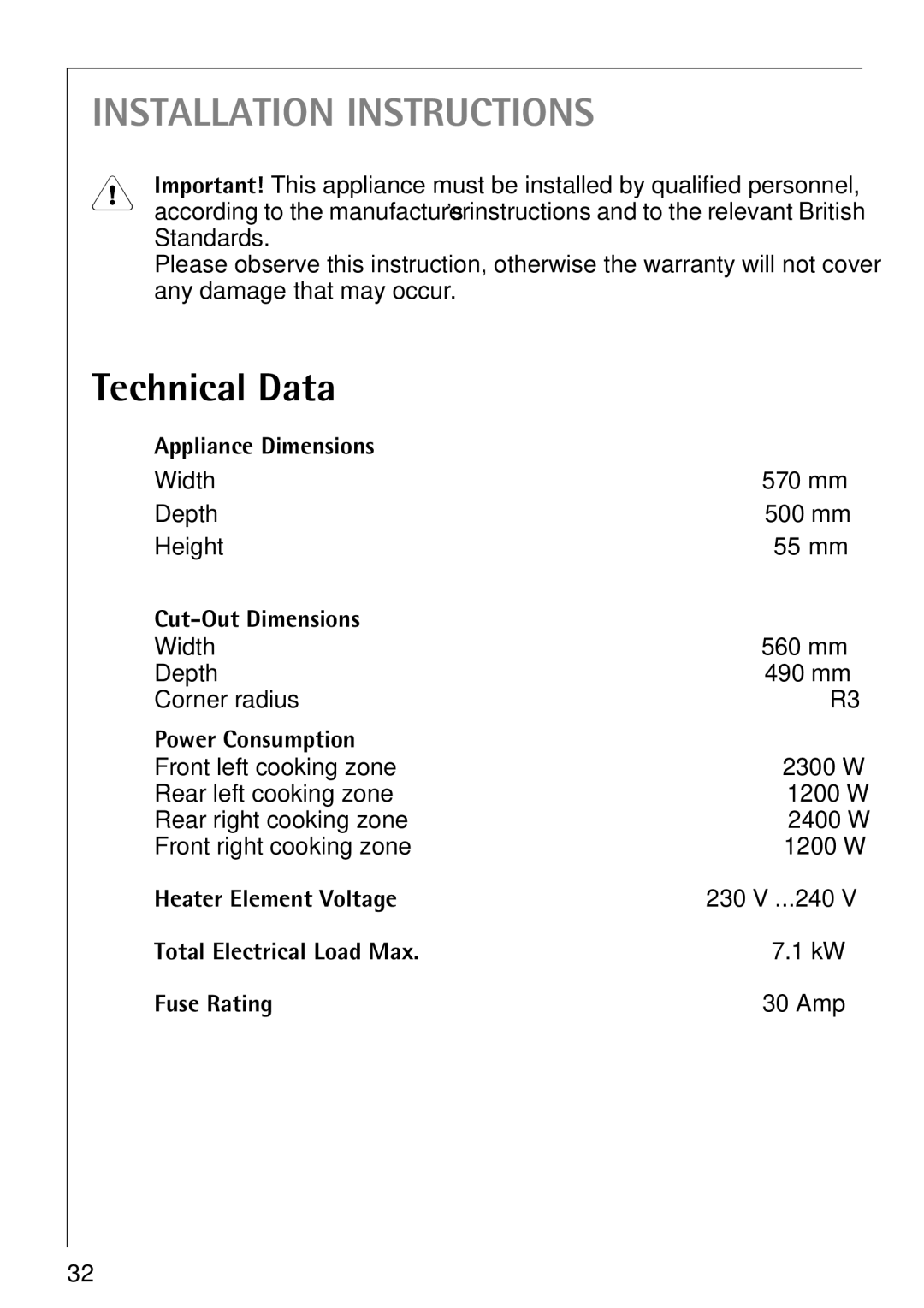 Electrolux 65300 K manual Technical Data 