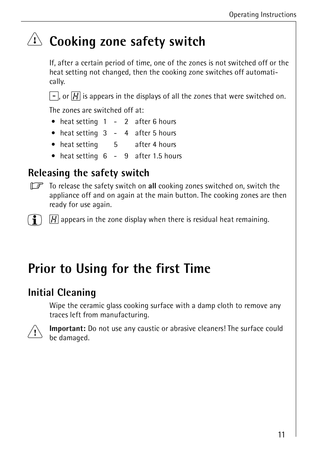 Electrolux 65300KF-an Cooking zone safety switch, Prior to Using for the first Time, Releasing the safety switch 