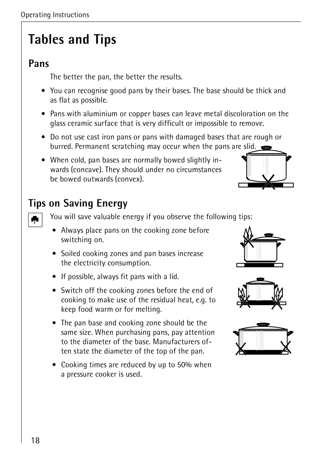 Electrolux 65300KF-an operating instructions Tables and Tips, Pans, Tips on Saving Energy 