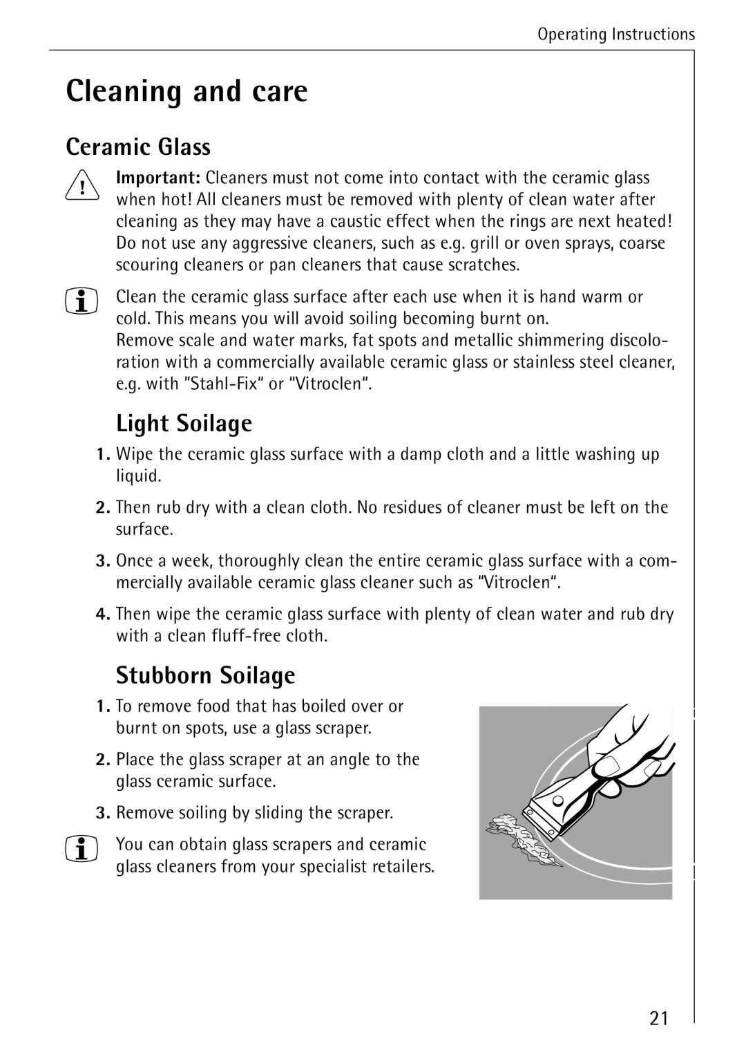 Electrolux 65300KF-an operating instructions Cleaning and care, Ceramic Glass, Light Soilage, Stubborn Soilage 