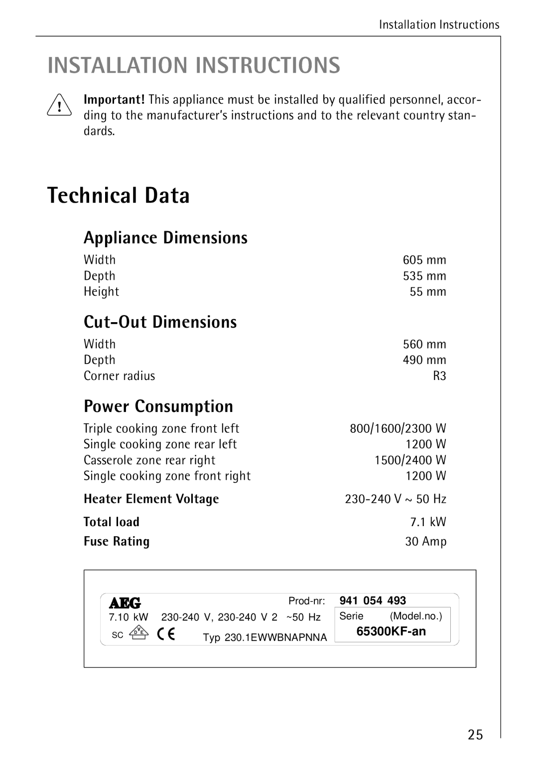 Electrolux 65300KF-an operating instructions Technical Data, Appliance Dimensions, Cut-Out Dimensions, Power Consumption 