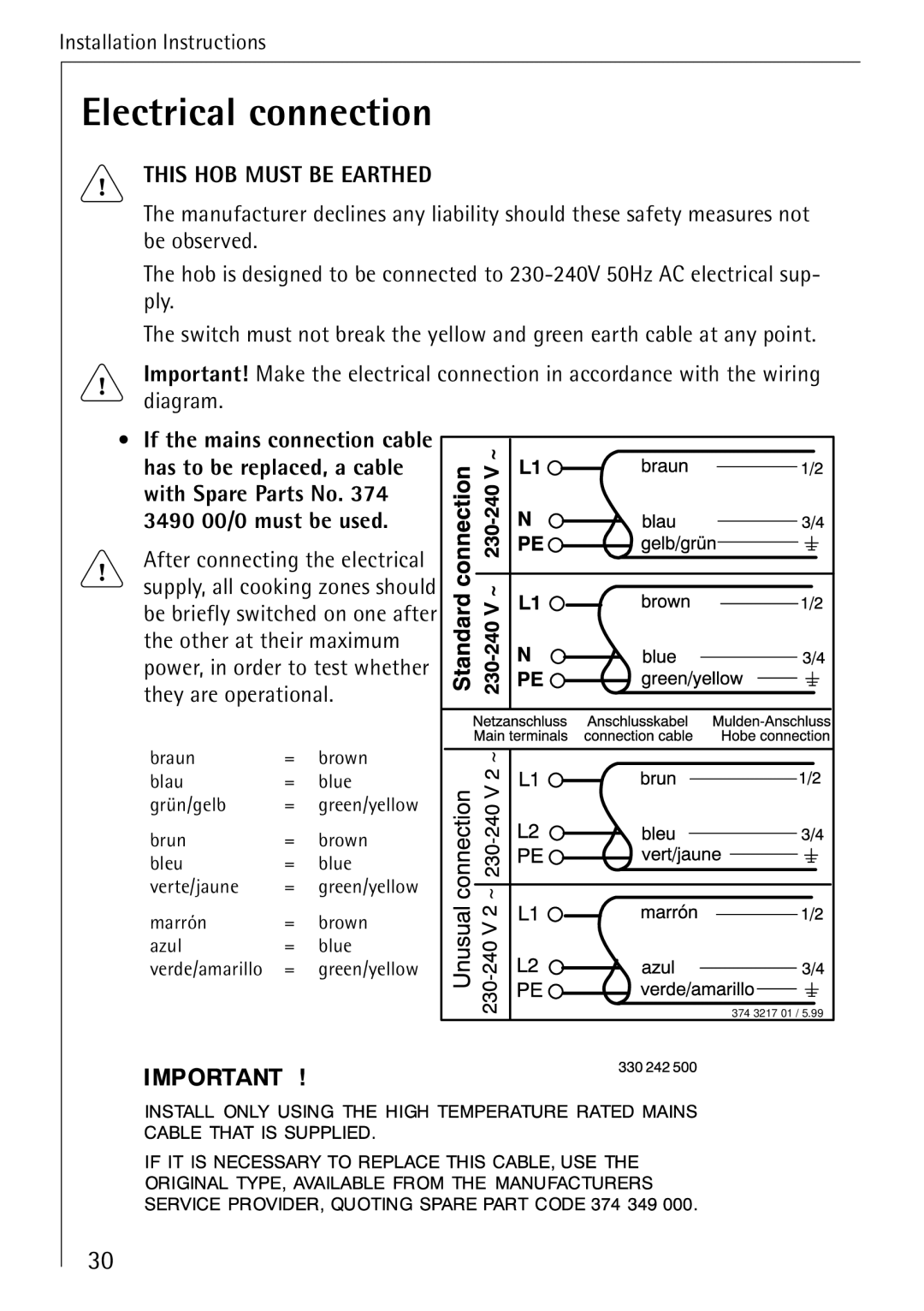 Electrolux 65300KF-an operating instructions Electrical connection, This HOB Must be Earthed 