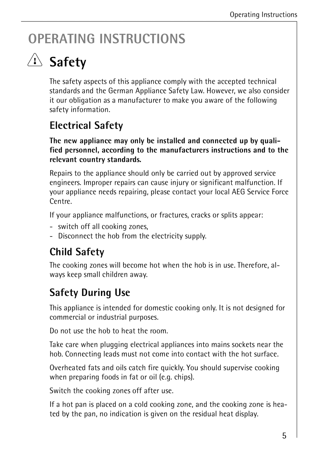 Electrolux 65300KF-an operating instructions Electrical Safety, Child Safety, Safety During Use 