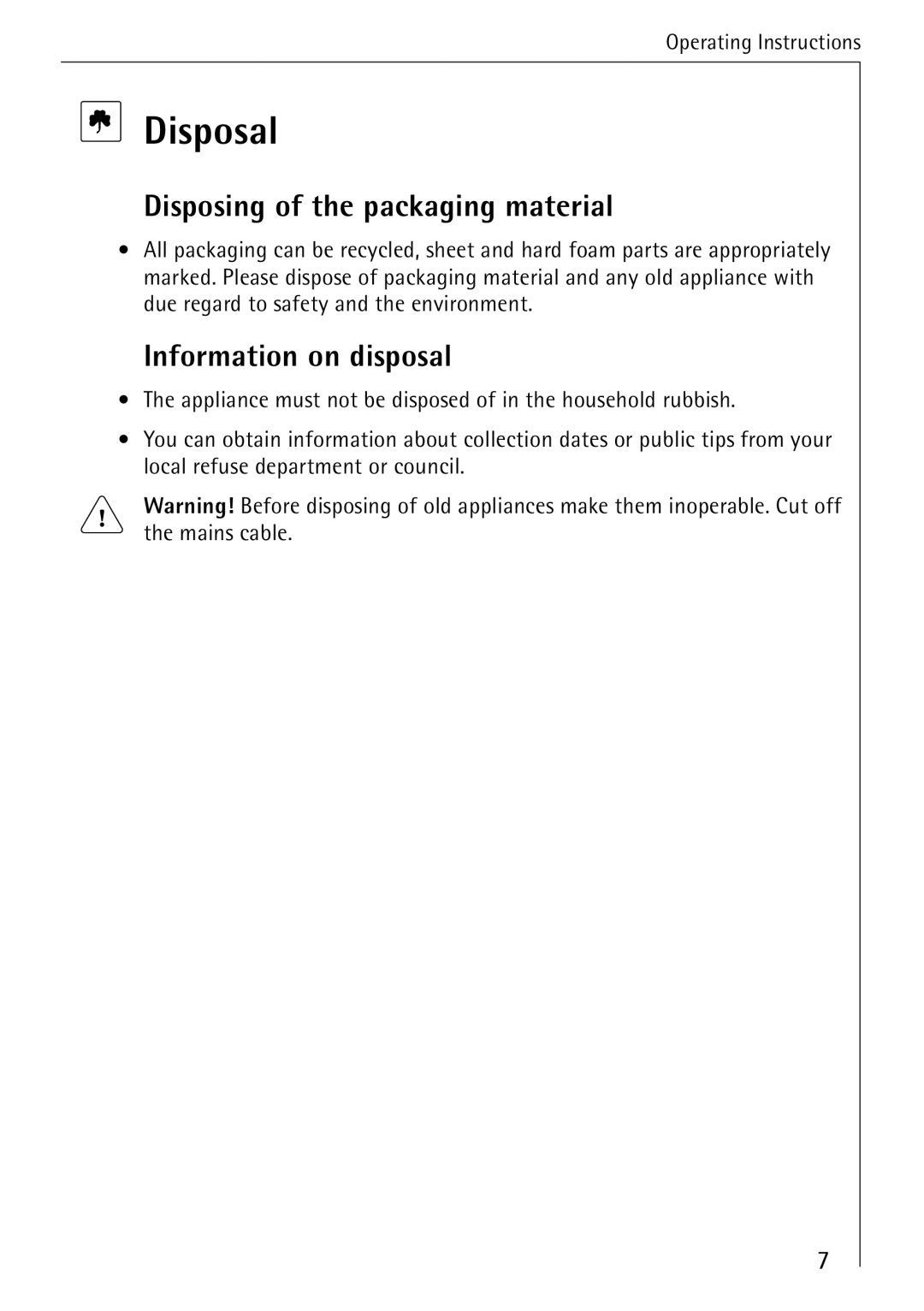 Electrolux 65300KF-an operating instructions Disposal, Disposing of the packaging material, Information on disposal 