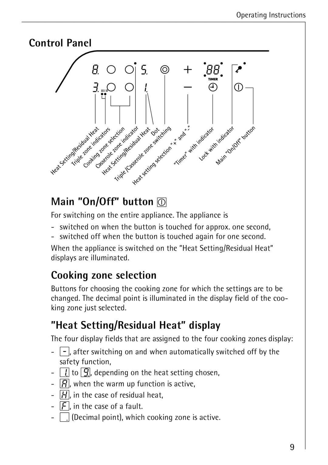 Electrolux 65300KF-an Control Panel, Main On/Off button, Cooking zone selection, Heat Setting/Residual Heat display 