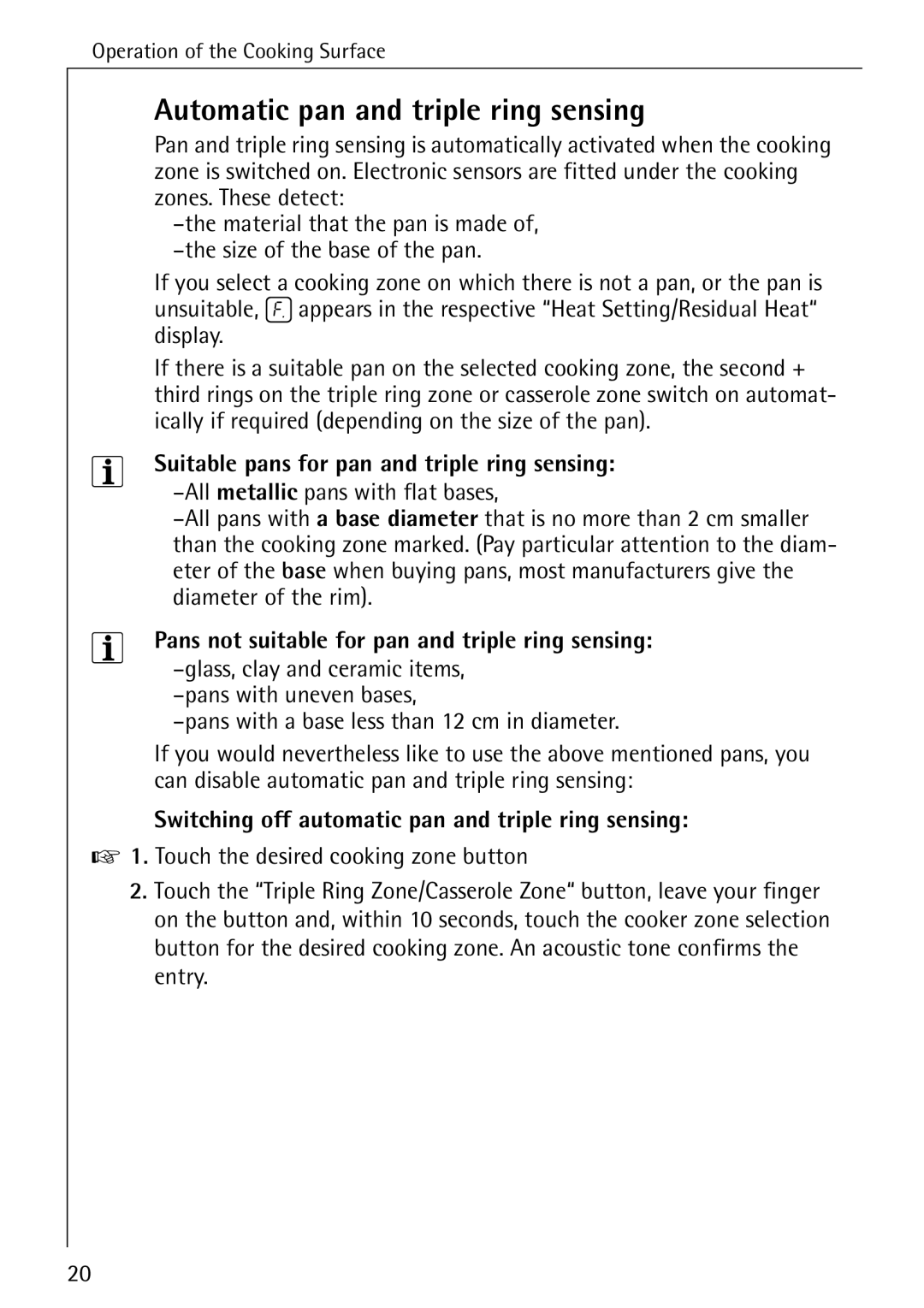 Electrolux 65320 K manual Automatic pan and triple ring sensing, Suitable pans for pan and triple ring sensing 