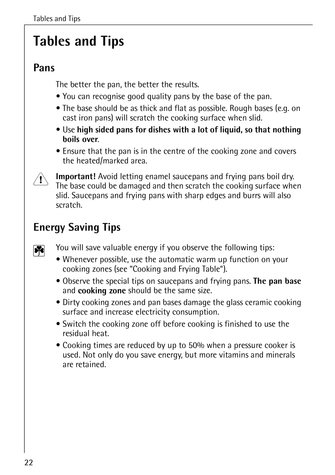 Electrolux 65320 K manual Tables and Tips, Pans, Energy Saving Tips 