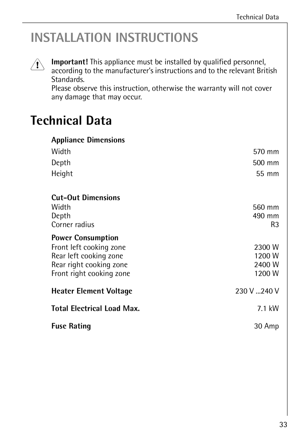 Electrolux 65320 K manual Technical Data 