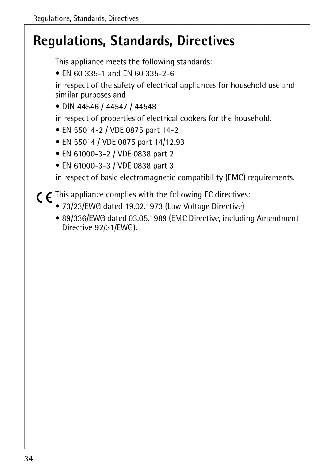 Electrolux 65320 K manual Regulations, Standards, Directives 