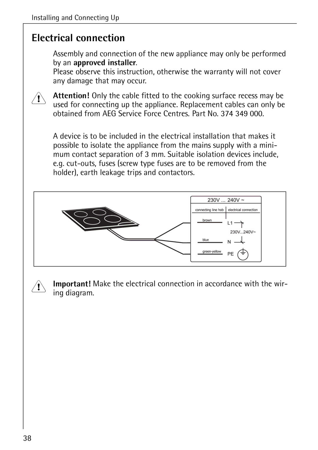 Electrolux 65320 K manual Electrical connection 