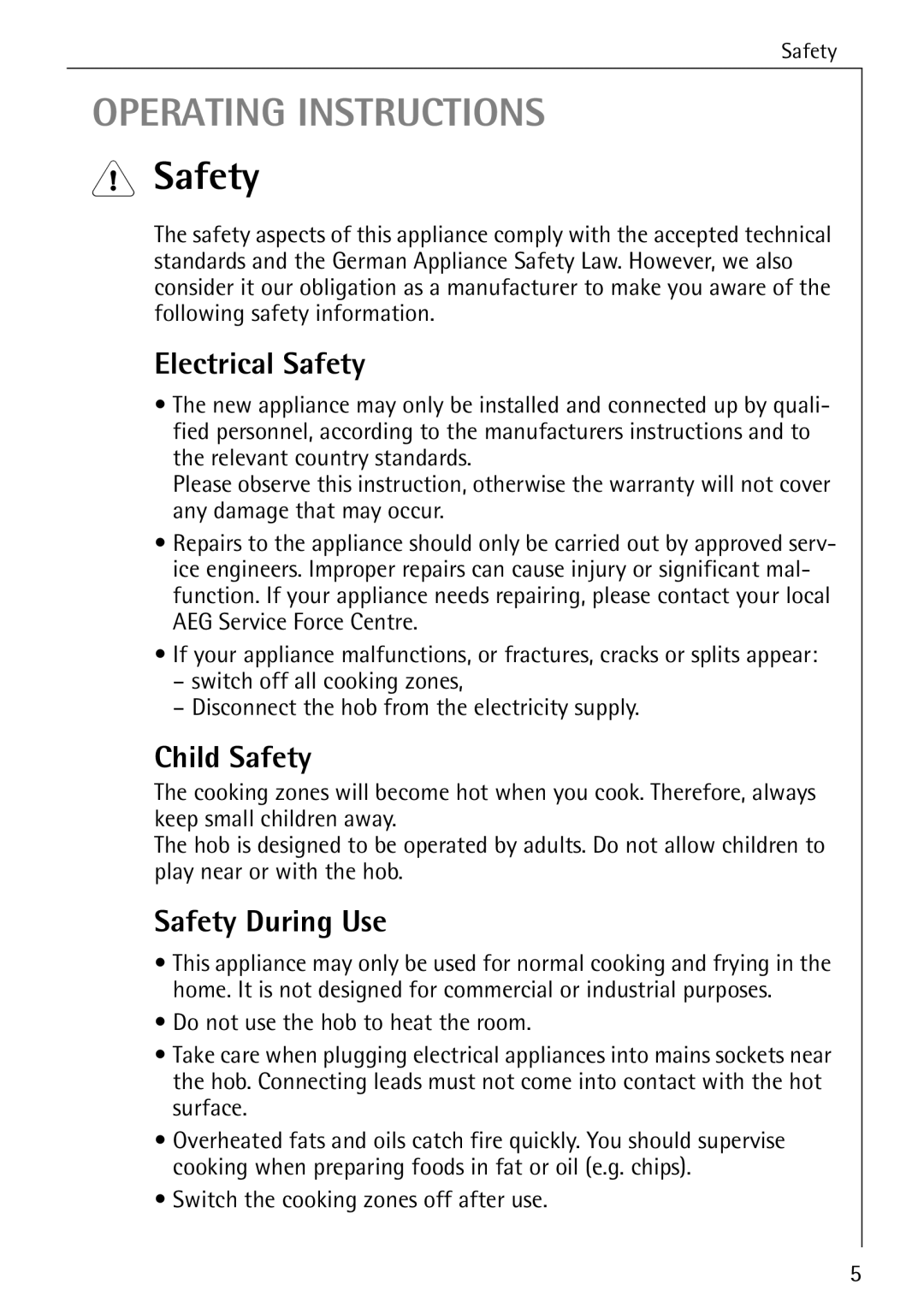 Electrolux 65320 K manual Electrical Safety, Child Safety, Safety During Use 