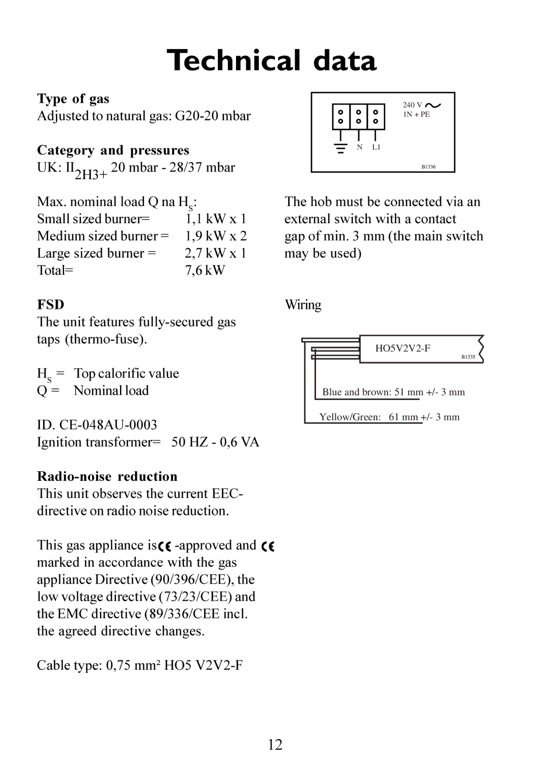 Electrolux 6561 G-m GB manual Technical data, Fsd 