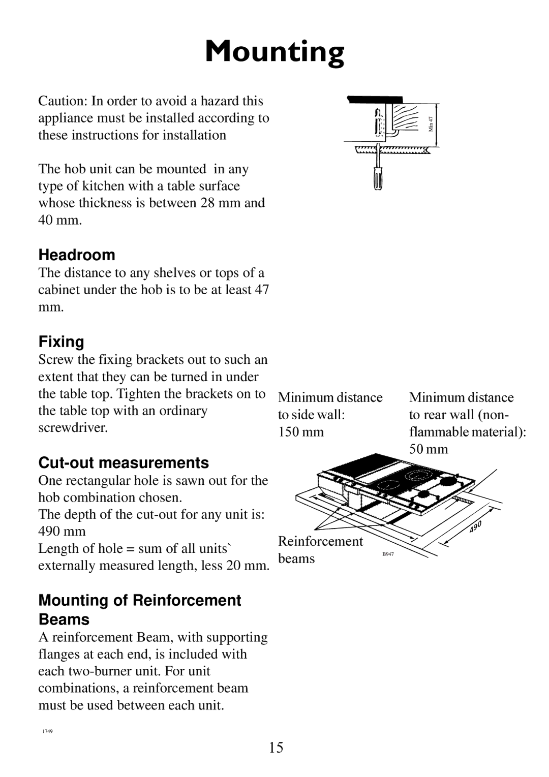 Electrolux 6561 G-m GB manual Headroom, Fixing, Cut-out measurements, Mounting of Reinforcement Beams 