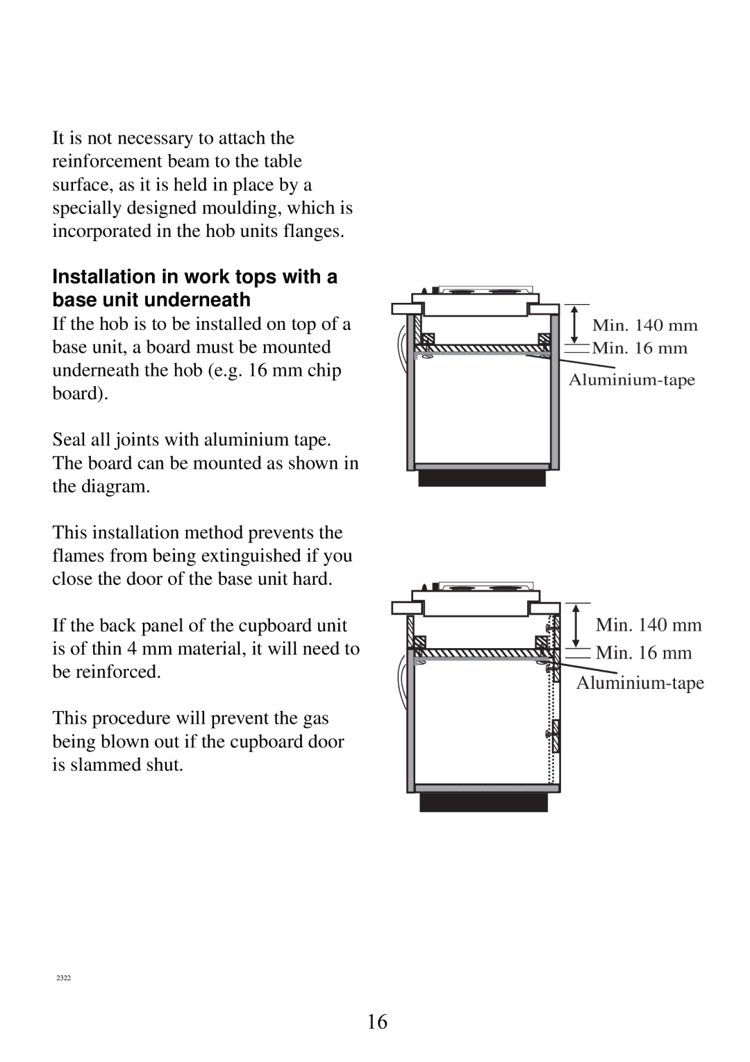 Electrolux 6561 G-m GB manual Installation in work tops with a base unit underneath 