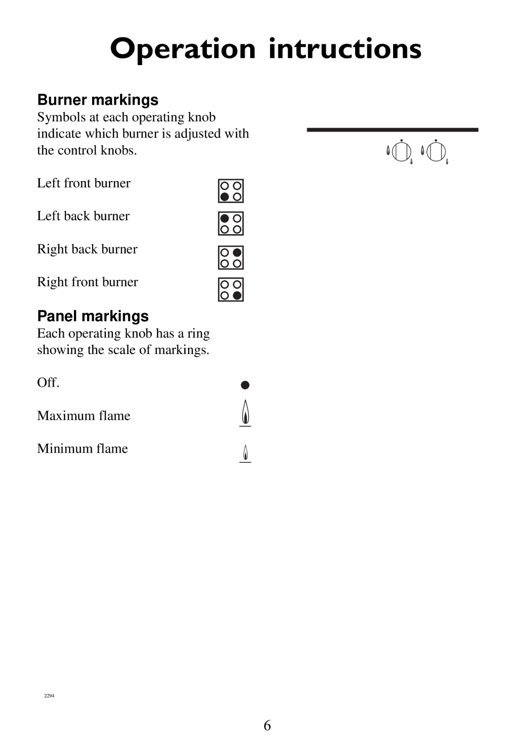 Electrolux 6561 G-m GB manual Operation intructions, Burner markings, Panel markings 