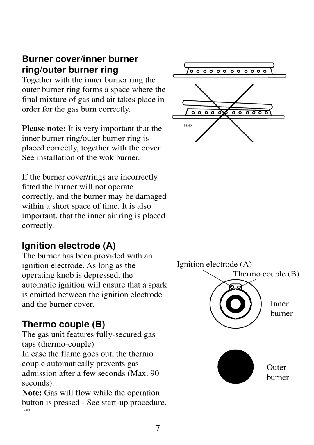 Electrolux 6561 G-m GB manual Burner cover/inner burner ring/outer burner ring, Ignition electrode a, Thermo couple B 