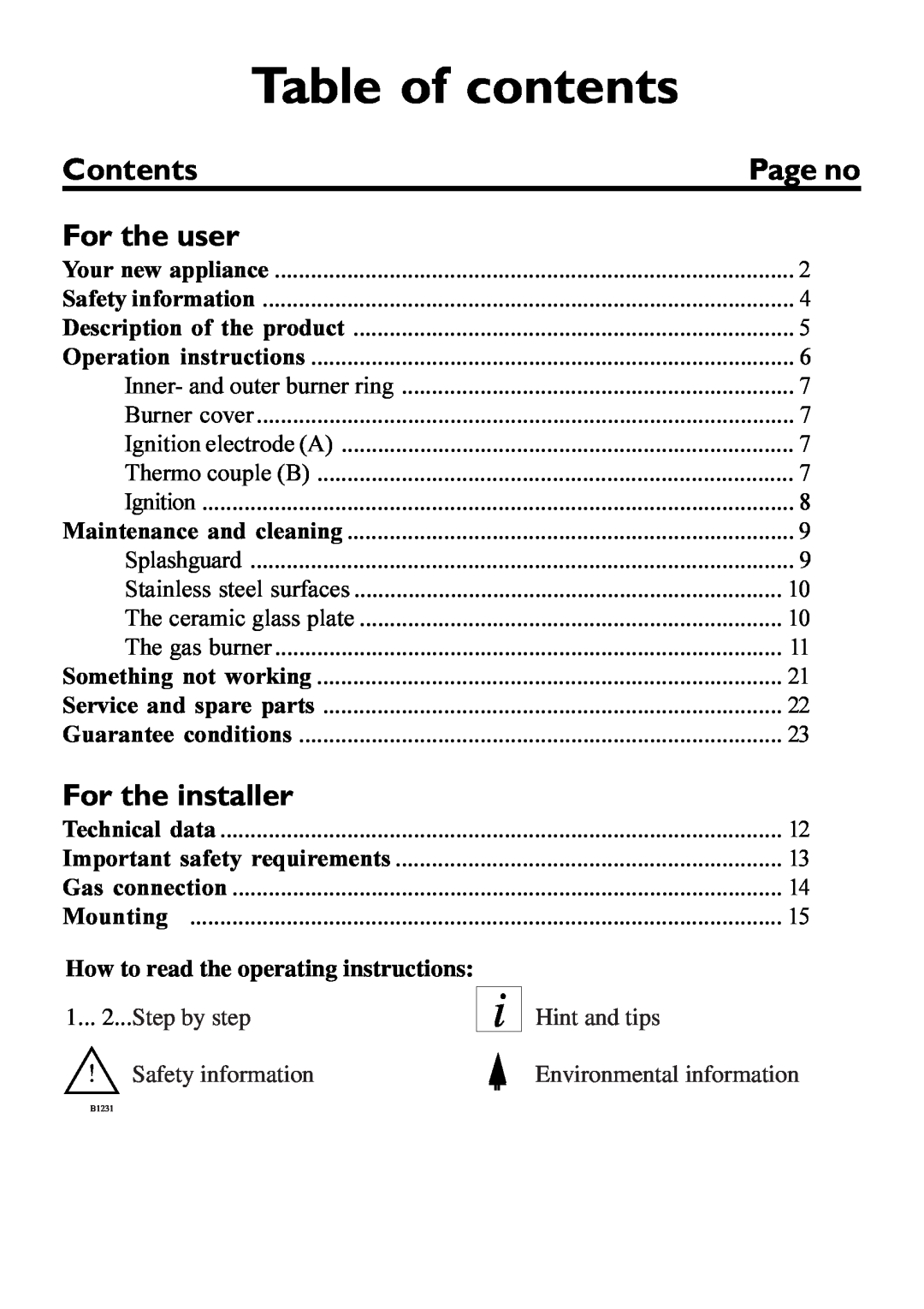 Electrolux 6561 G-m GB manual Table of contents, How to read the operating instructions, Contents, For the user, Page no 
