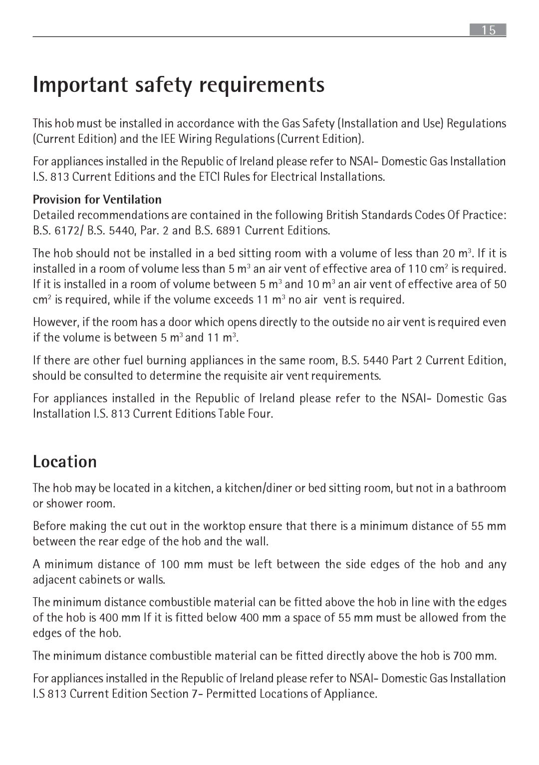 Electrolux 65852 G manual Important safety requirements, Location 