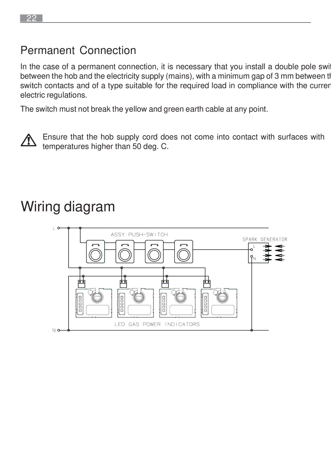 Electrolux 65852 G manual Wiring diagram, Permanent Connection 