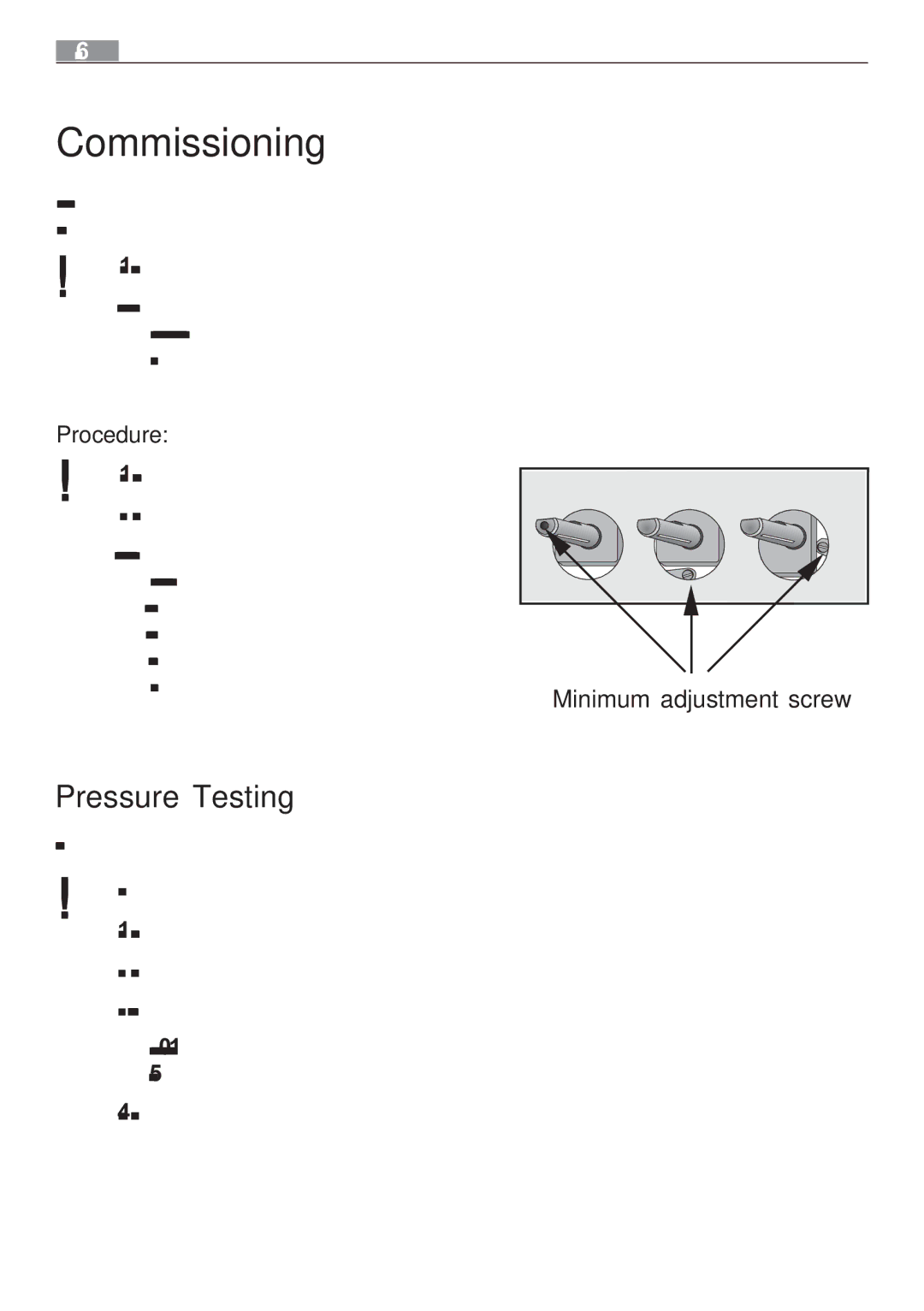 Electrolux 65852 G manual Commissioning, Pressure Testing, Minimum adjustment screw 