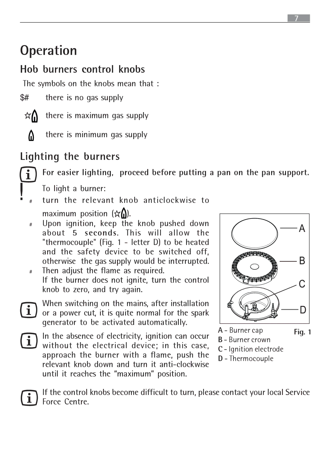 Electrolux 65852 G manual Operation, Hob burners control knobs, Lighting the burners 