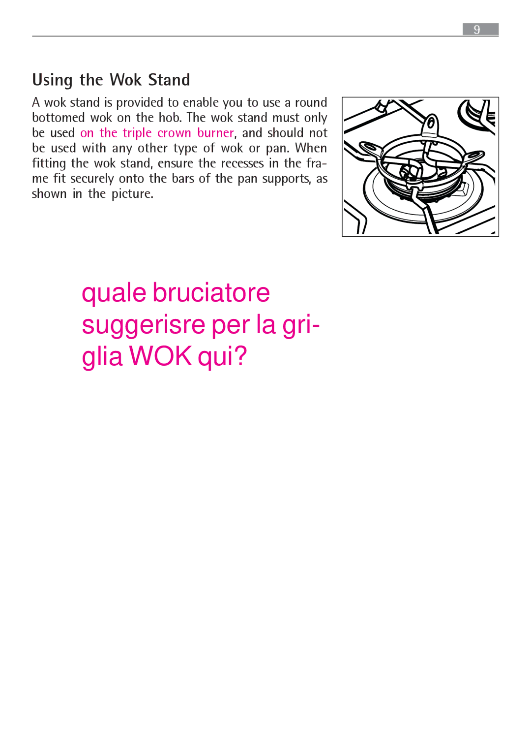 Electrolux 65852 G manual Quale bruciatore suggerisre per la gri- glia WOK qui?, Using the Wok Stand 