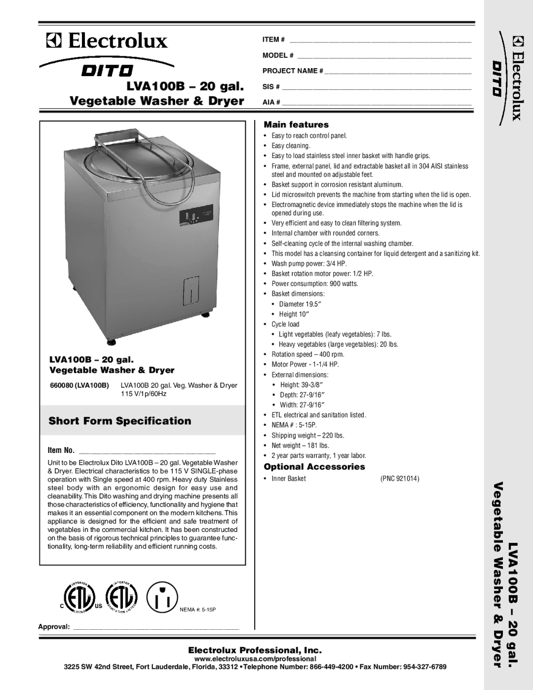 Electrolux 660080 dimensions Main features, LVA100B 20 gal, Vegetable Washer & Dryer, Optional Accessories 