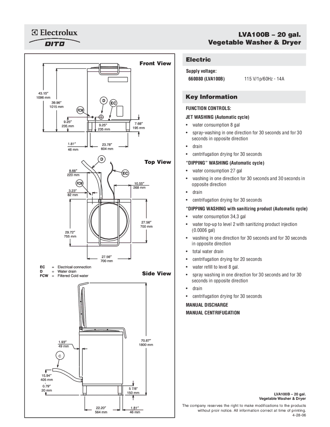 Electrolux dimensions Front View Top View Side View, Supply voltage 660080 LVA100B, JET Washing Automatic cycle 