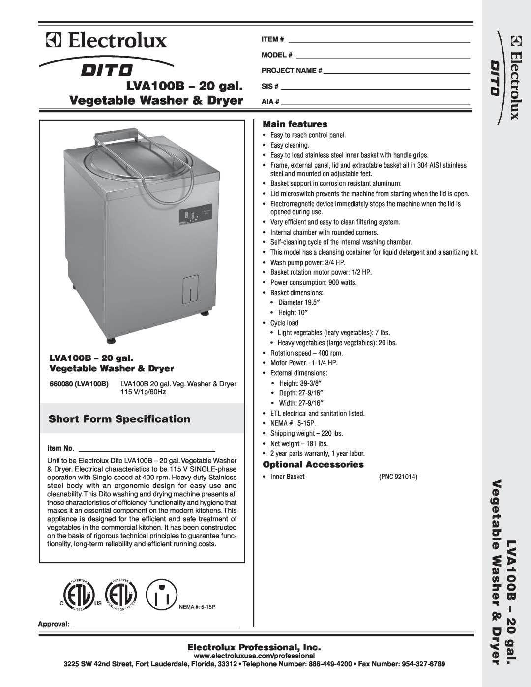 Electrolux dimensions Short Form Specification, Main features, LVA100B - 20 gal, Vegetable Washer & Dryer, Item No 
