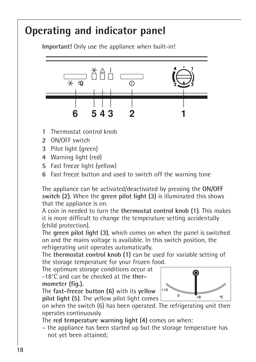 Electrolux 66050i installation instructions Operating and indicator panel, Fast-freeze button 6 with its yellow 