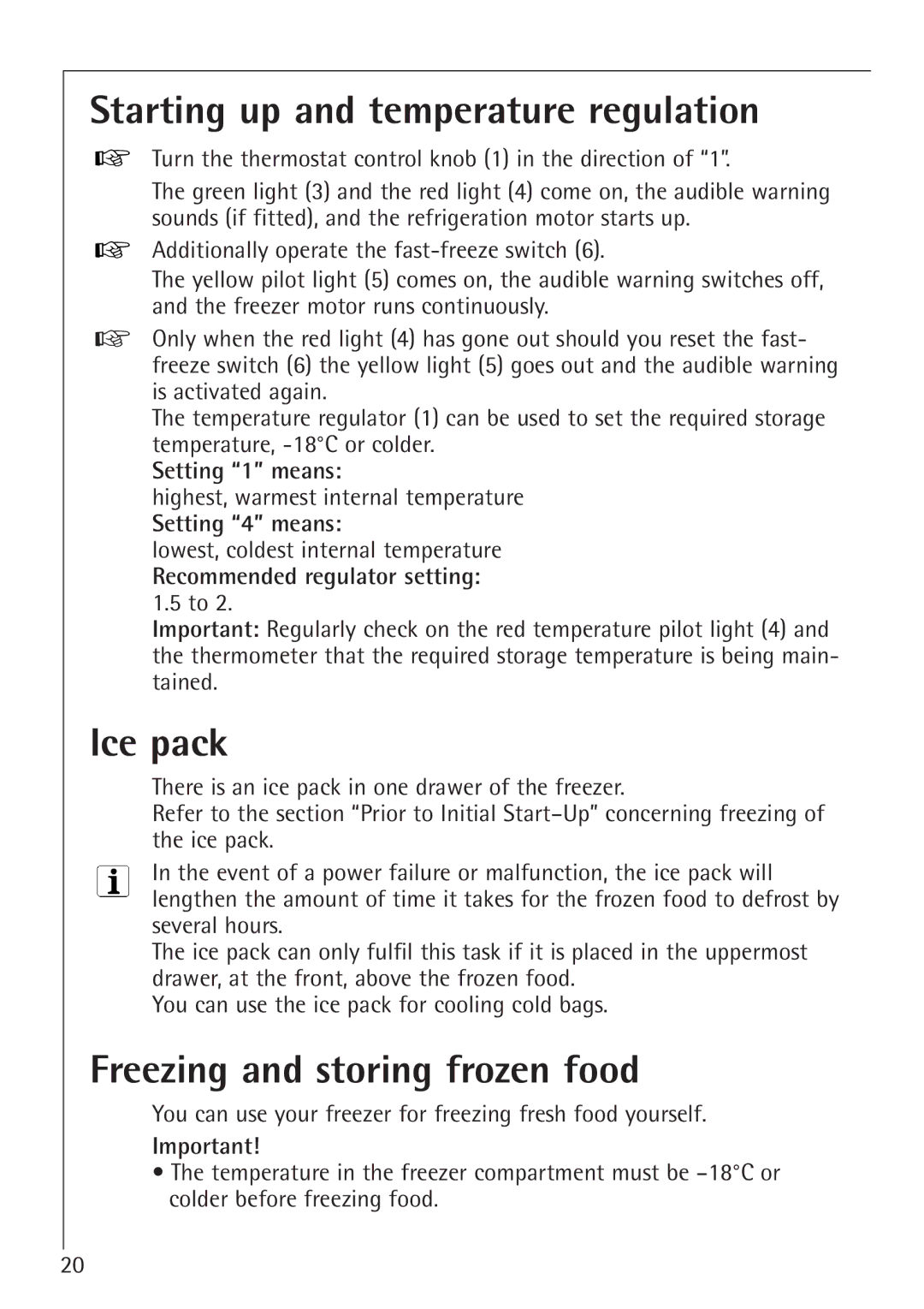 Electrolux 66050i Starting up and temperature regulation, Ice pack, Freezing and storing frozen food 