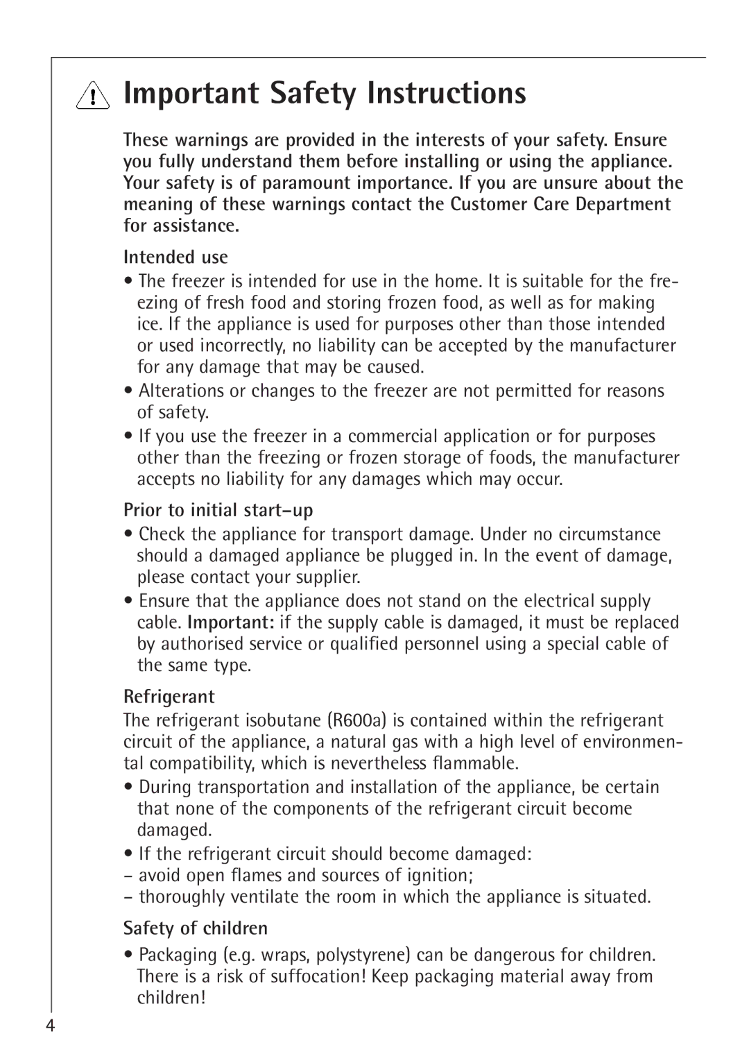 Electrolux 66050i Important Safety Instructions, Prior to initial start-up, Refrigerant, Safety of children 