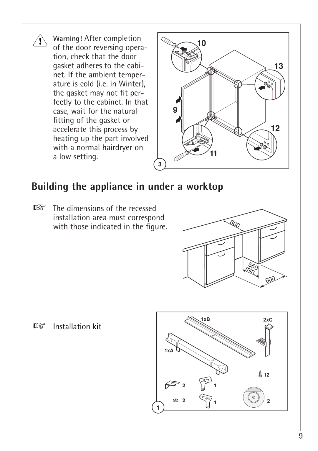 Electrolux 66050i installation instructions Building the appliance in under a worktop, With those indicated in the figure 