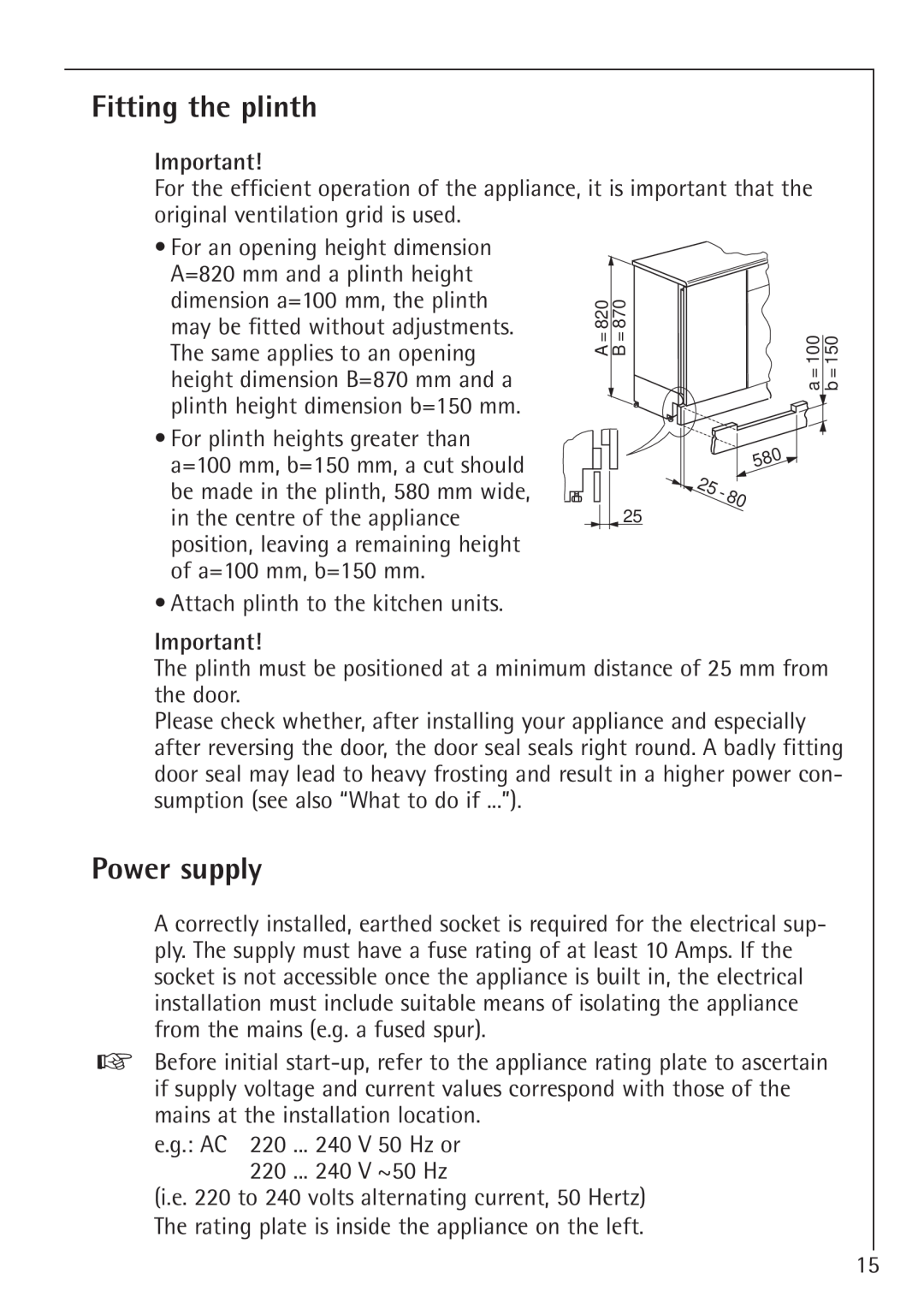 Electrolux 66050i installation instructions Fitting the plinth, Power supply 