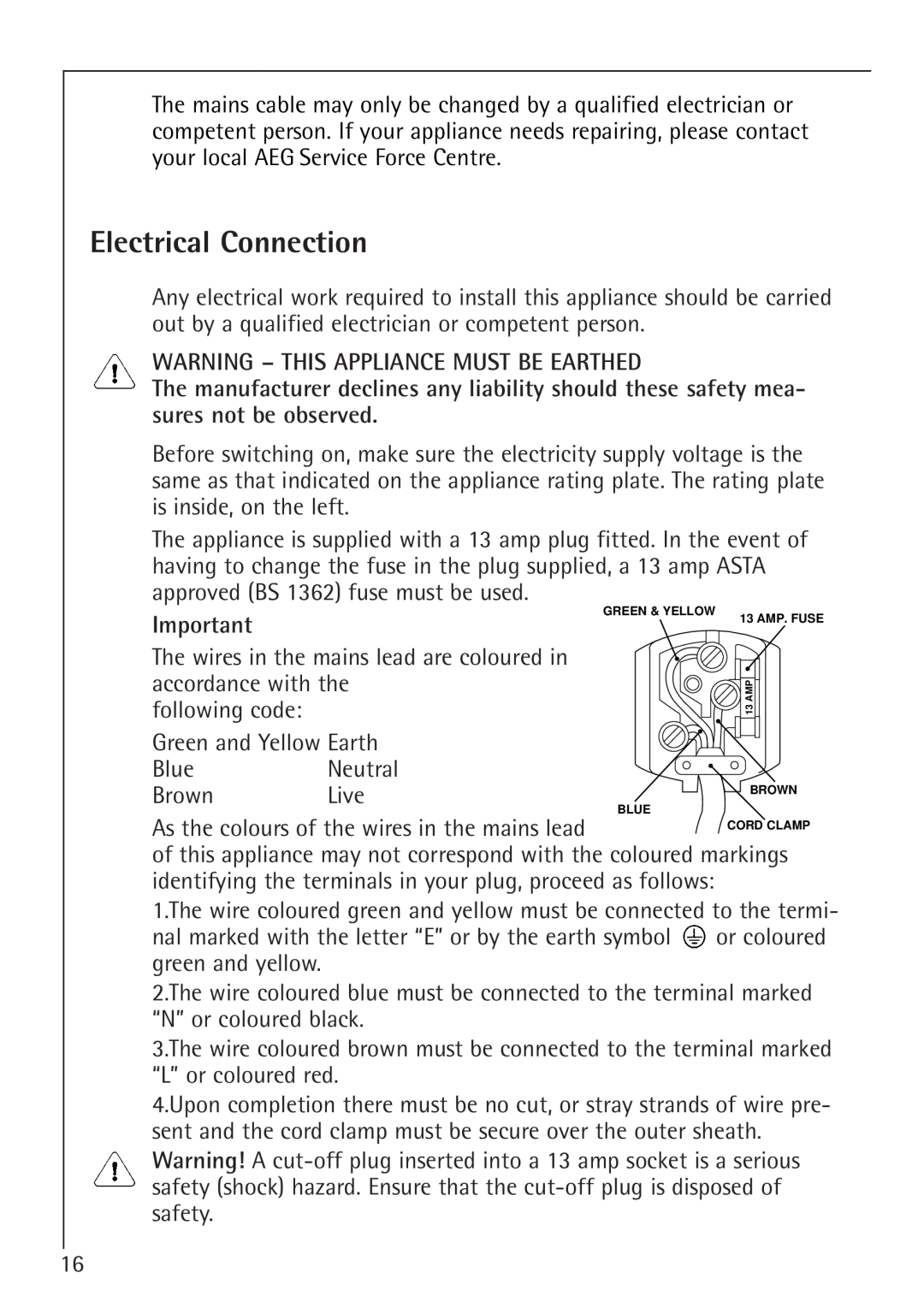 Electrolux 66050i installation instructions Electrical Connection, Warning - This Appliance Must Be Earthed 