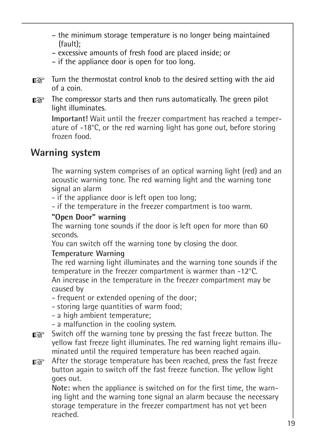 Electrolux 66050i installation instructions Warning system, Open Door warning, Temperature Warning 