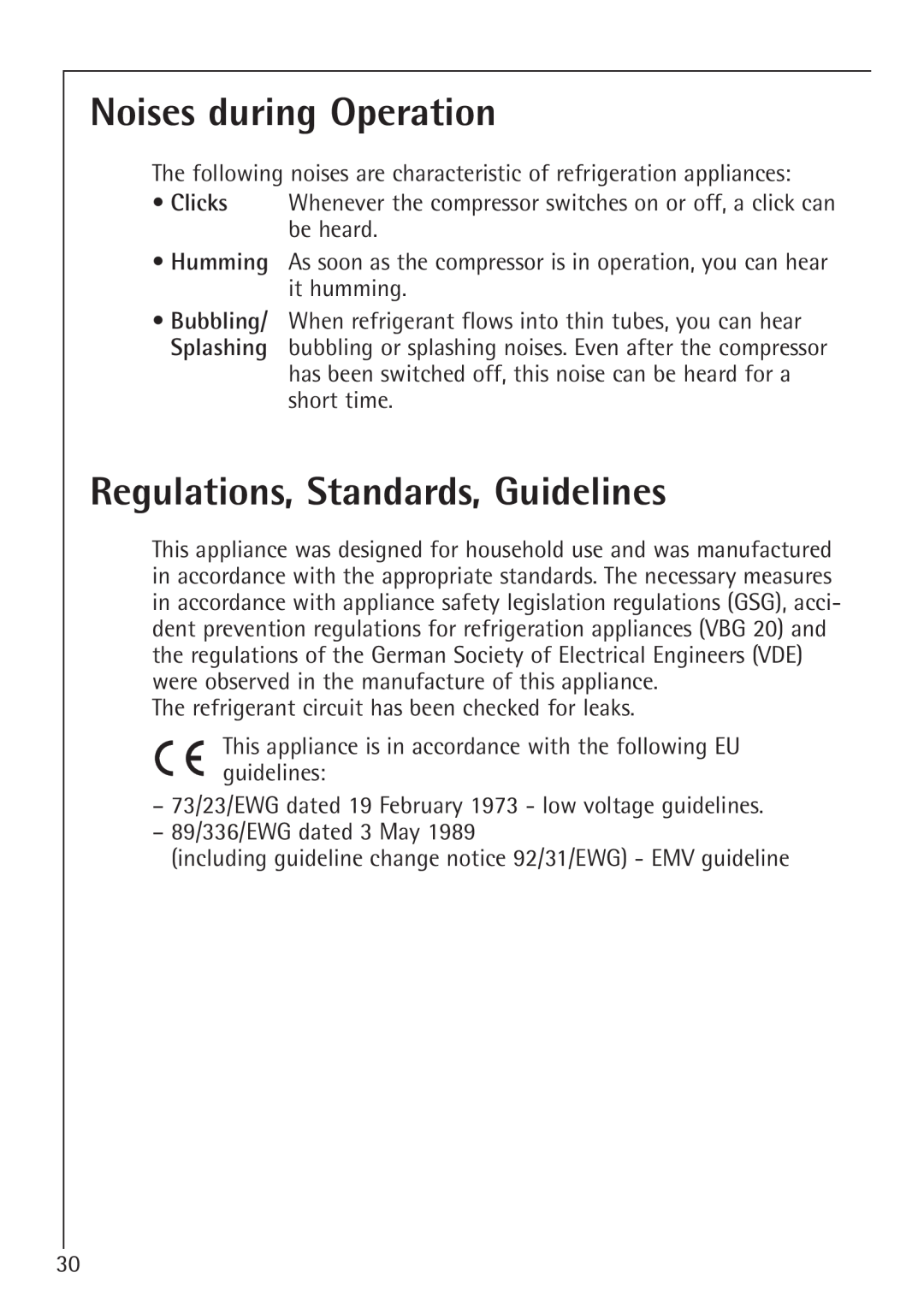Electrolux 66050i installation instructions Noises during Operation, Regulations, Standards, Guidelines 