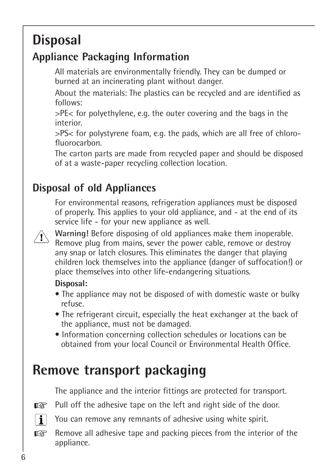 Electrolux 66050i Remove transport packaging, Appliance Packaging Information, Disposal of old Appliances 