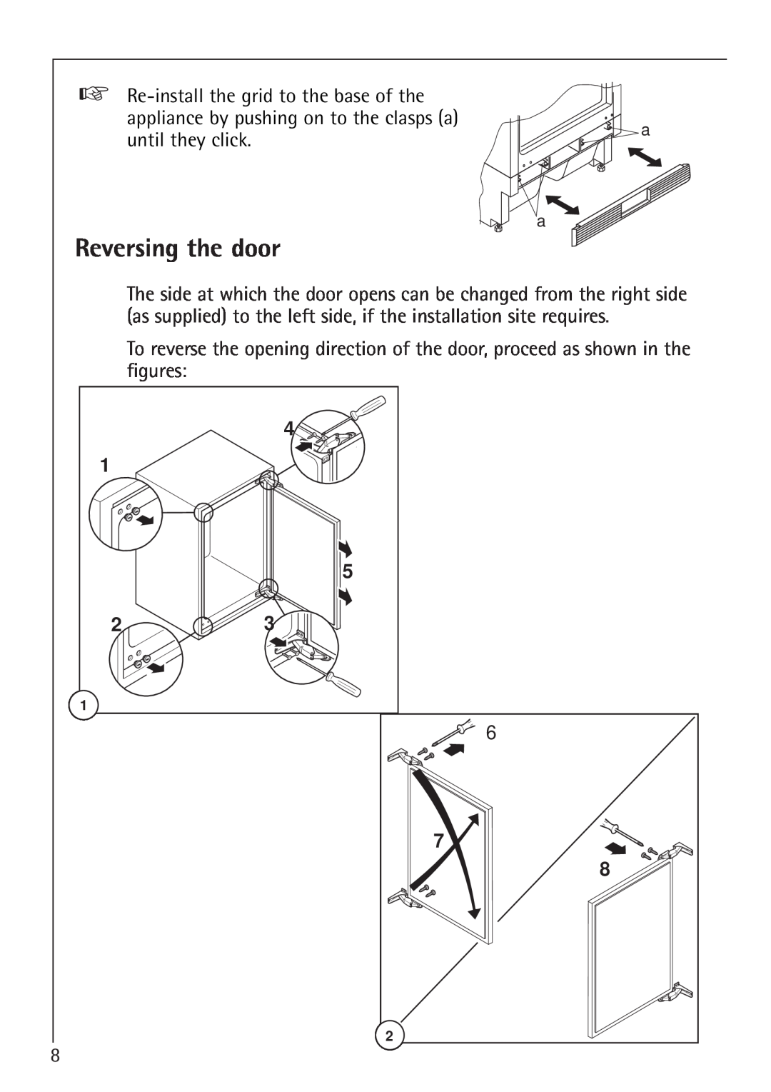 Electrolux 66050i Reversing the door, Re-install the grid to the base of the, appliance by pushing on to the clasps a 