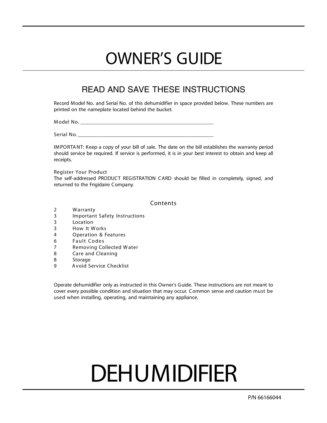 Electrolux 66166044 warranty Dehumidifier 