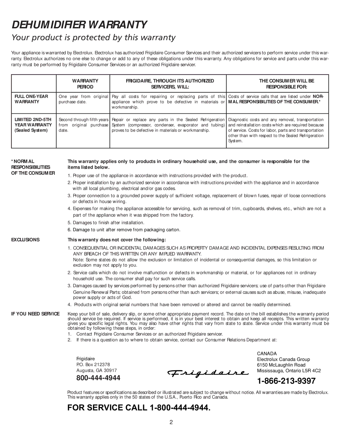 Electrolux 66166044 warranty Dehumidifier Warranty 