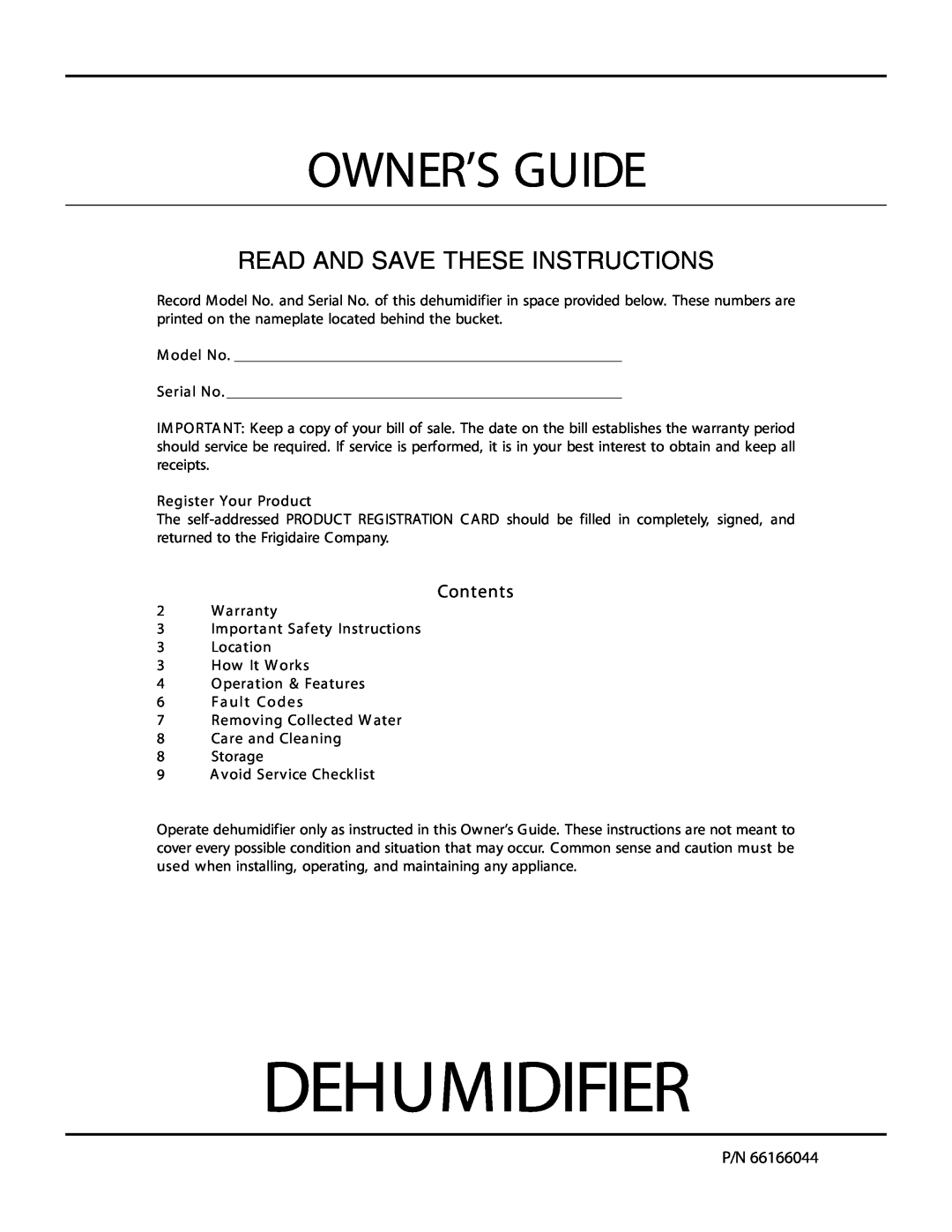 Electrolux 66166044 warranty Dehumidifier, Owner’S Guide, Read And Save These Instructions 