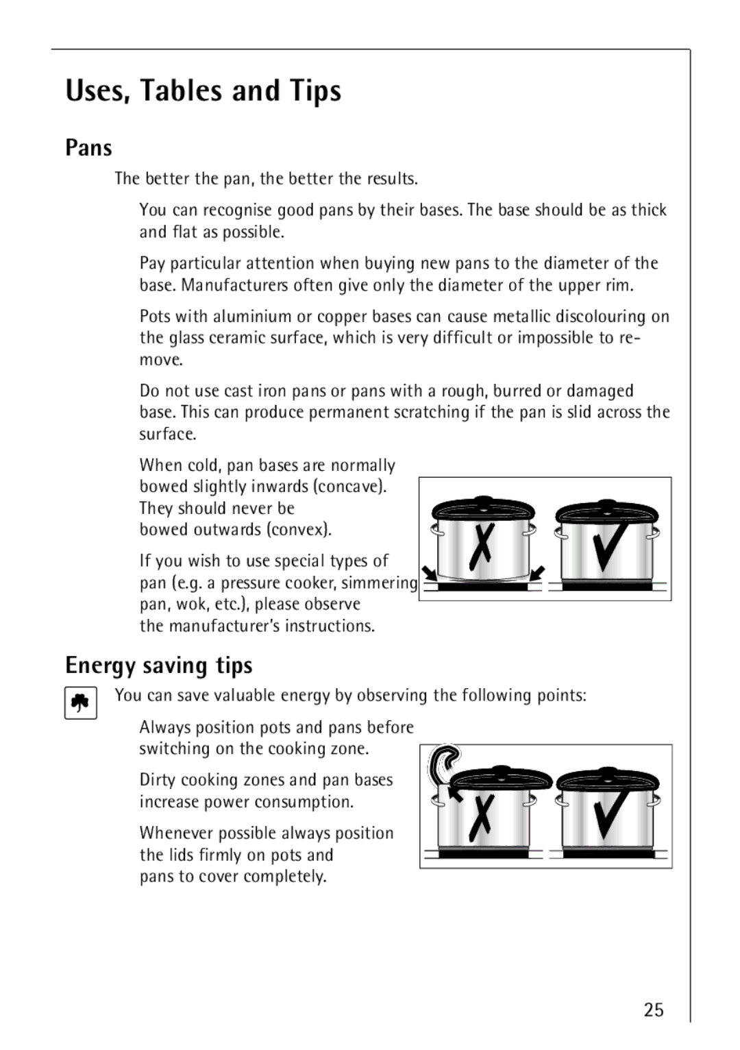 Electrolux 66300KF-an installation instructions Uses, Tables and Tips, Pans, Energy saving tips 