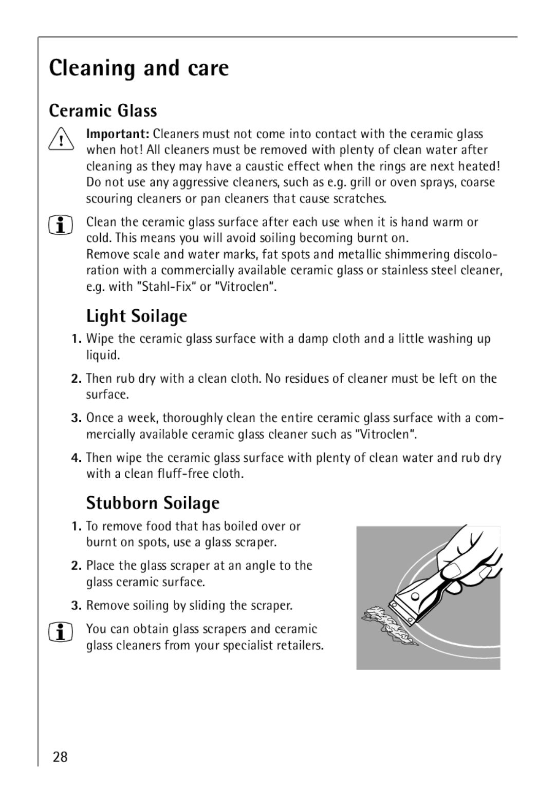 Electrolux 66300KF-an installation instructions Cleaning and care, Ceramic Glass, Light Soilage, Stubborn Soilage 