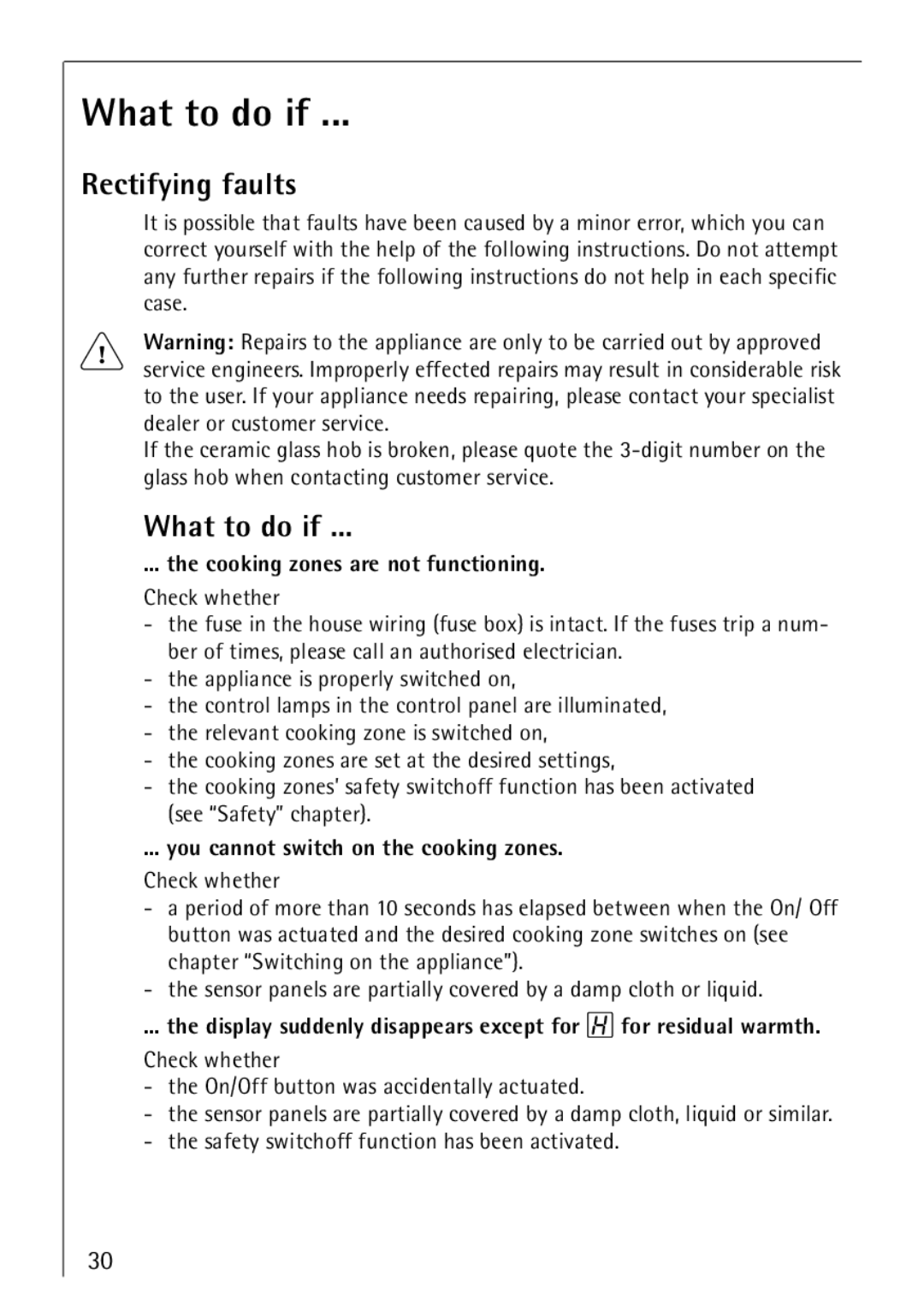 Electrolux 66300KF-an installation instructions What to do if, Rectifying faults 