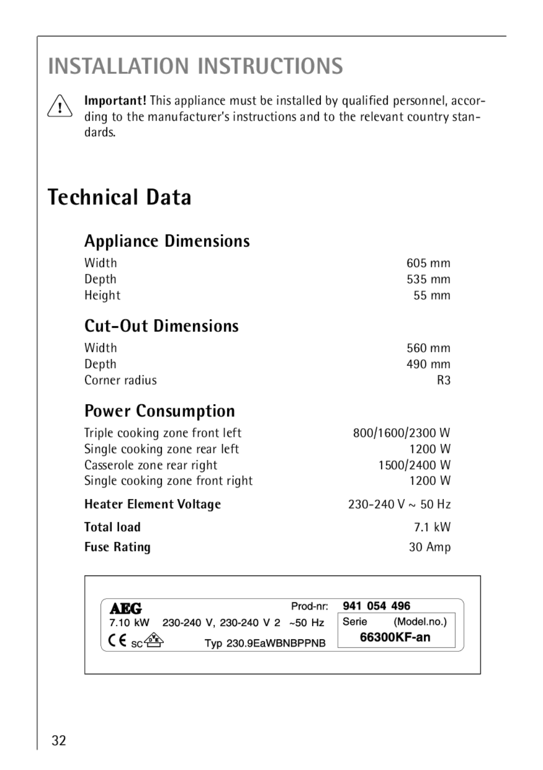 Electrolux 66300KF-an installation instructions Technical Data, Appliance Dimensions, Cut−Out Dimensions, Power Consumption 