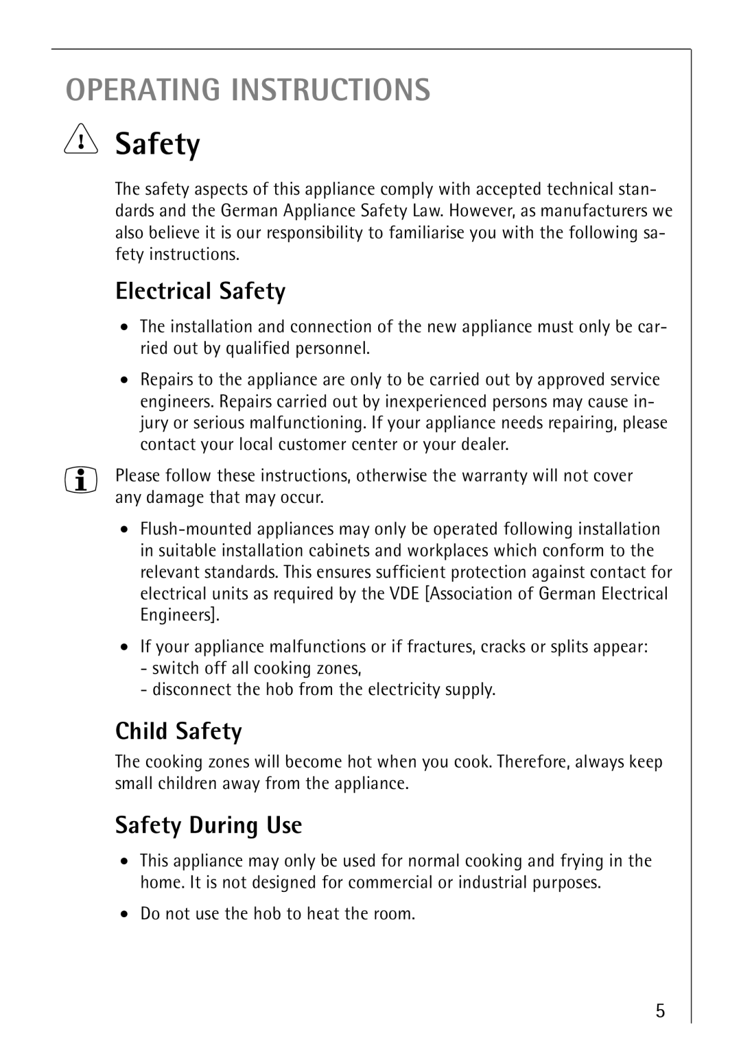 Electrolux 66300KF-an installation instructions Electrical Safety, Child Safety, Safety During Use 