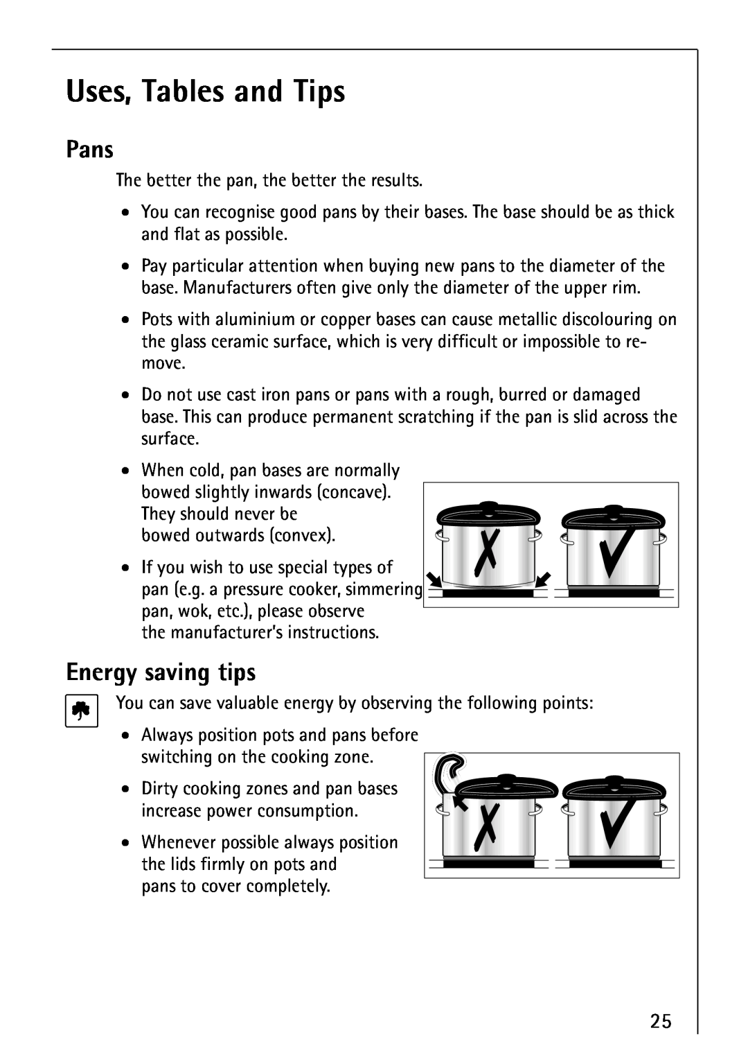 Electrolux 66300KF-an installation instructions Uses, Tables and Tips, Pans, Energy saving tips 
