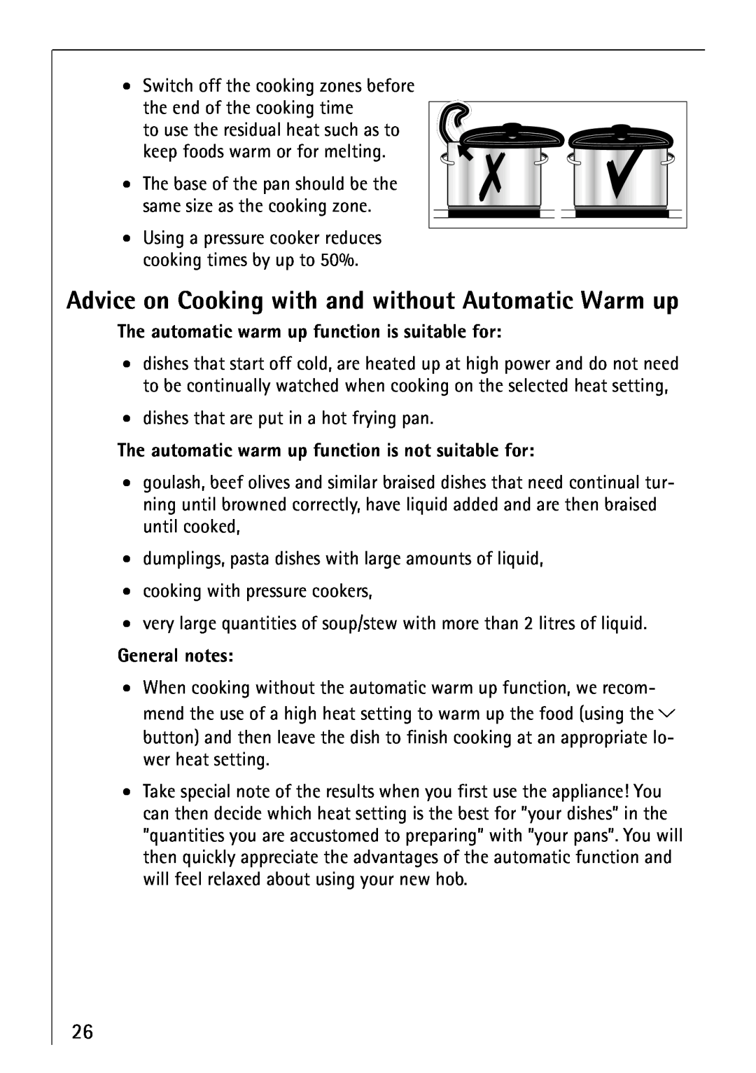 Electrolux 66300KF-an installation instructions Advice on Cooking with and without Automatic Warm up 
